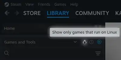 The Linux penguin icon in Steam being hovered over, with the text saying “Show only games that run on Linux”
